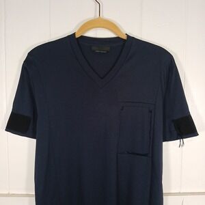PRADA T-Shirt Distressed  V Neck Men's Small Navy Cotton Short Sleeve Tee Top